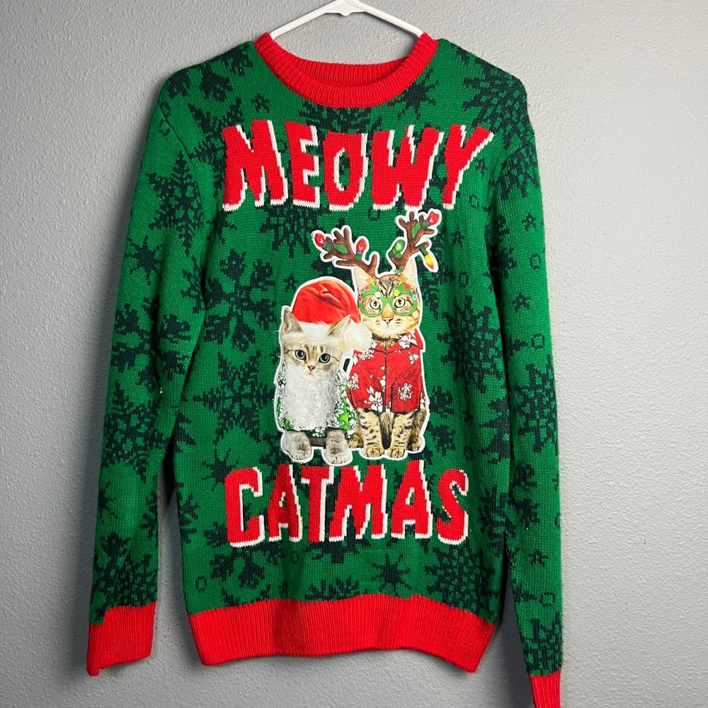 Party Sweater‎ Meowy Catmas Ugly Christmas Sweater Green Red Holiday Small S